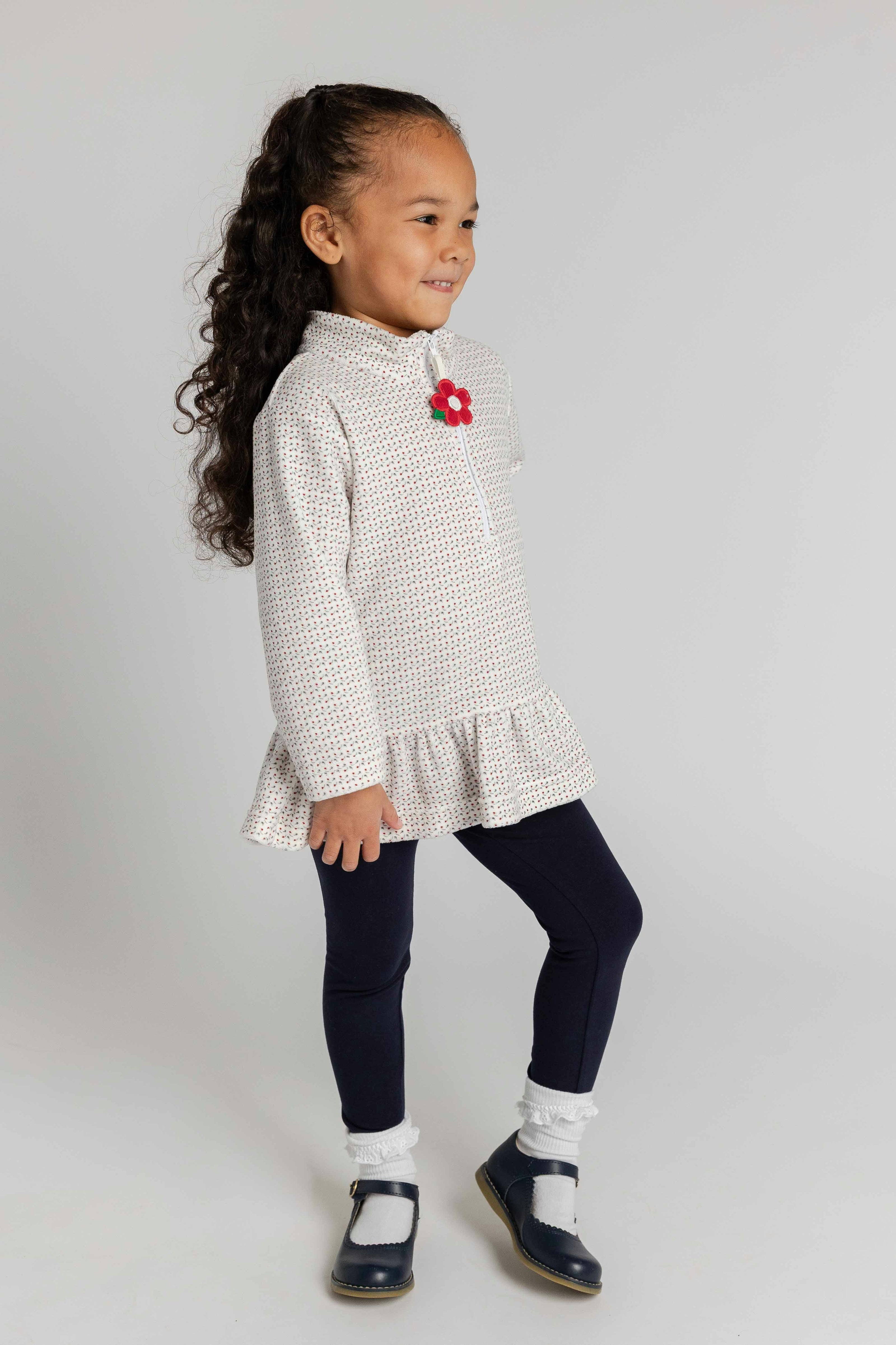 Printed Velour Half Zip Top with Flower Pull