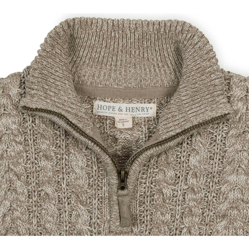 Organic Long Sleeve Half Zip Cable Pullover Sweater, Brown