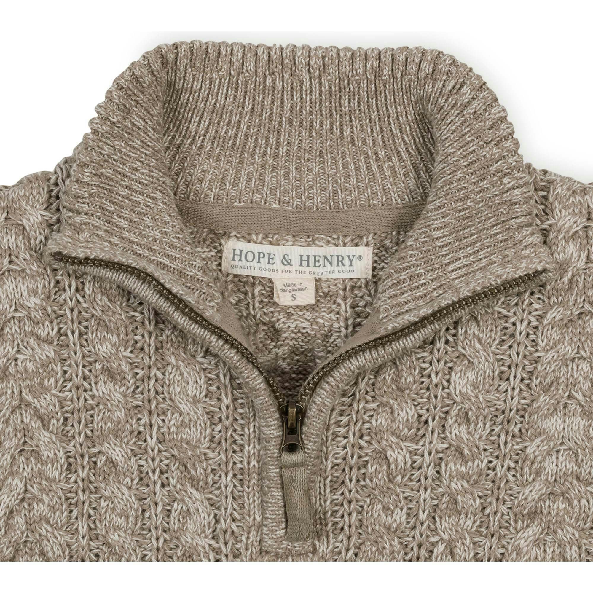 Organic Long Sleeve Half Zip Cable Pullover Sweater, Brown