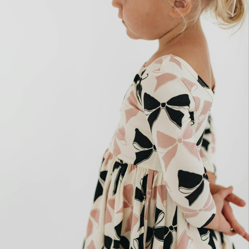 3/4 Sleeve Twirl Dress in Vintage Pink and Black Bows