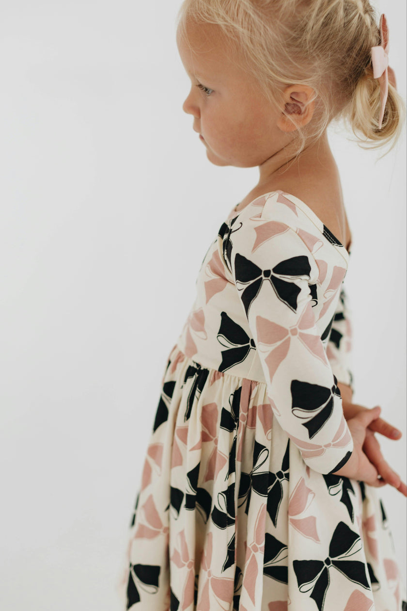 3/4 Sleeve Twirl Dress in Vintage Pink and Black Bows