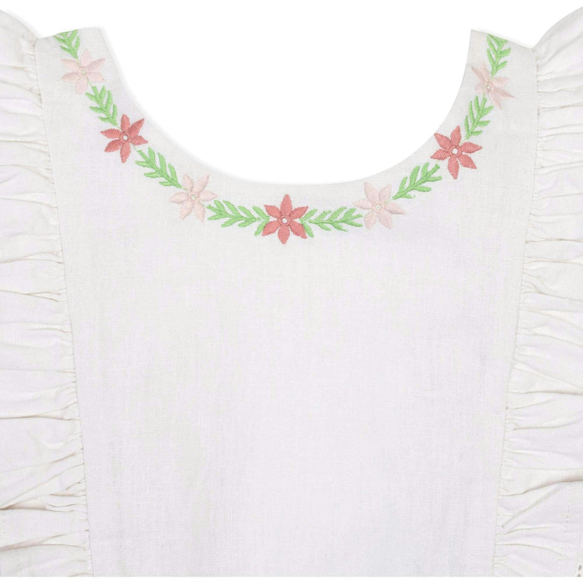 Linen Ruffle Jumper with Embroidery, White