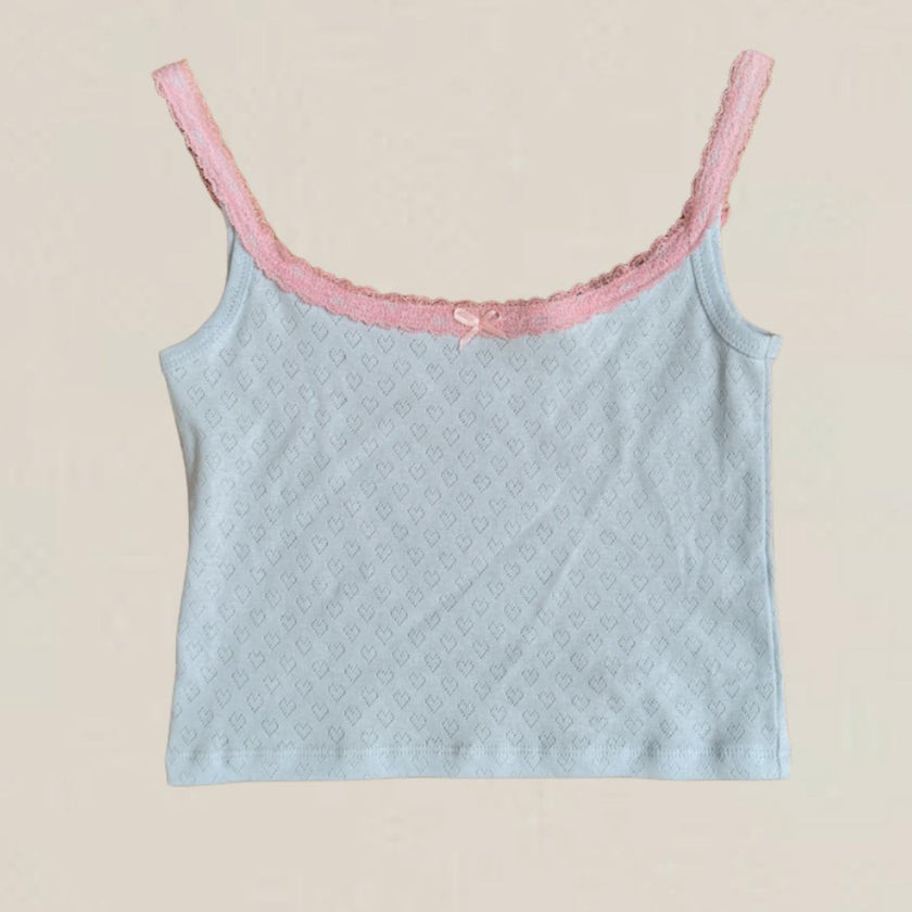 Lizzie Blue Heart Pointelle Tank with Pink Lace