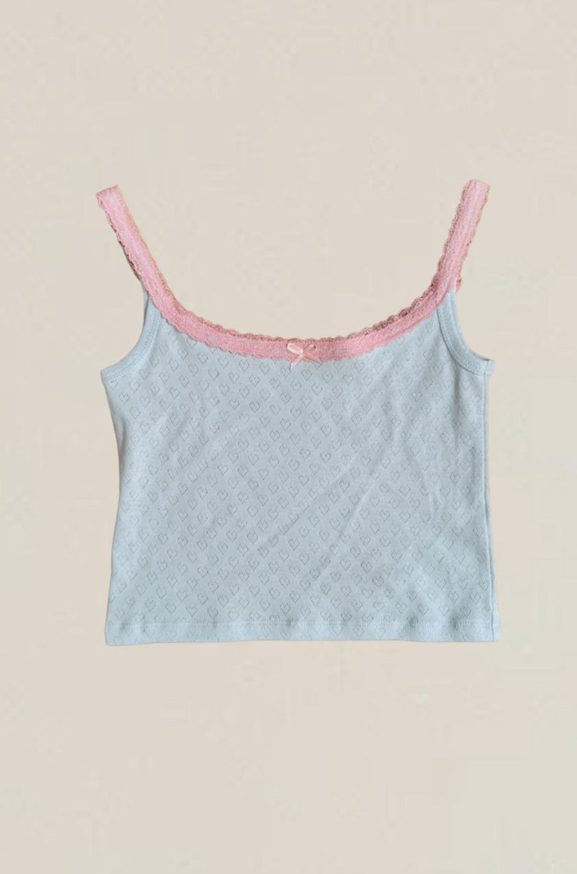Lizzie Blue Heart Pointelle Tank with Pink Lace