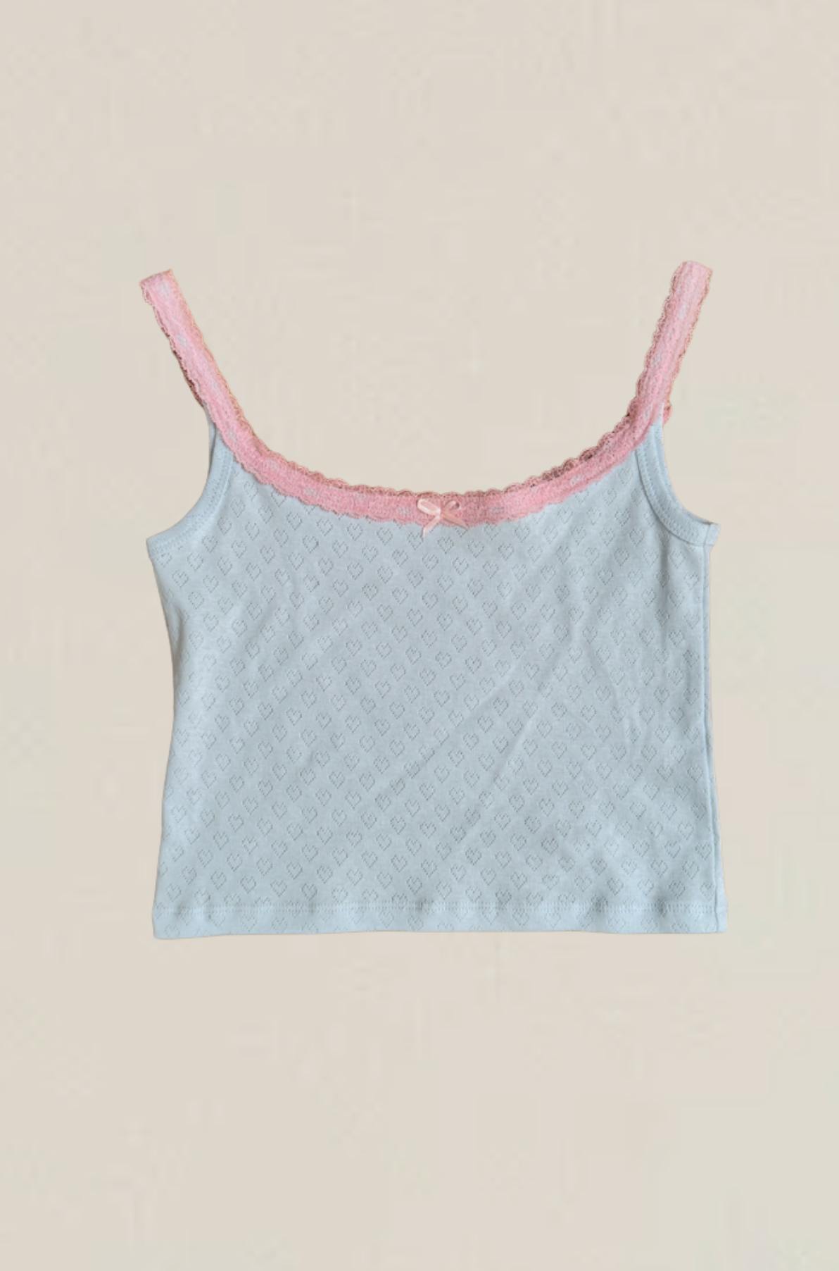 Lizzie Blue Heart Pointelle Tank with Pink Lace