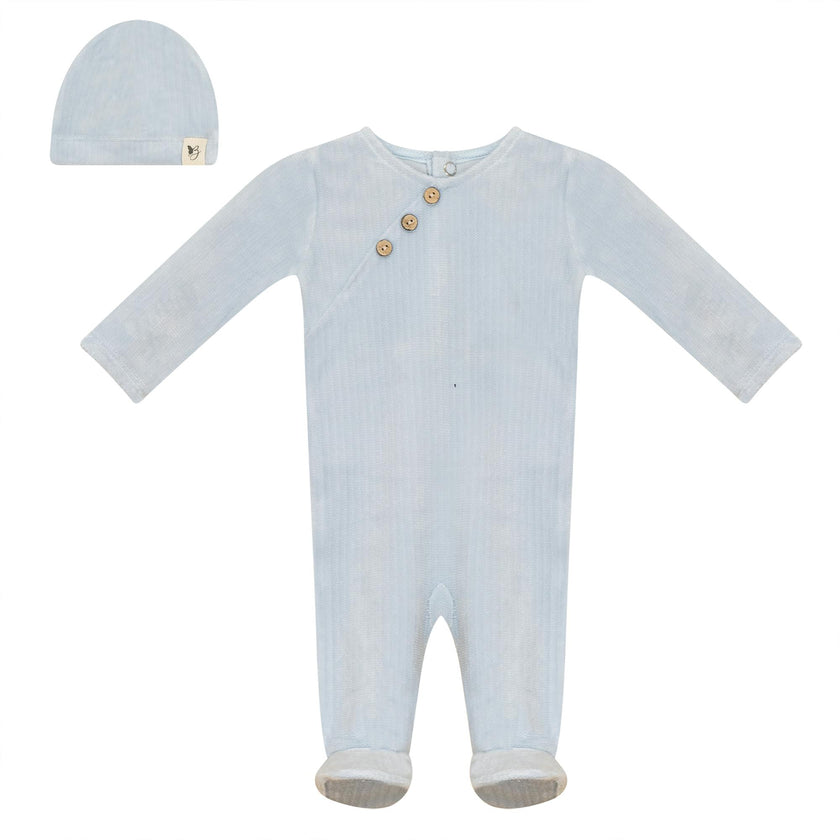 Fake Wrap Snap Front Velour Romper and Hat Two Piece Set