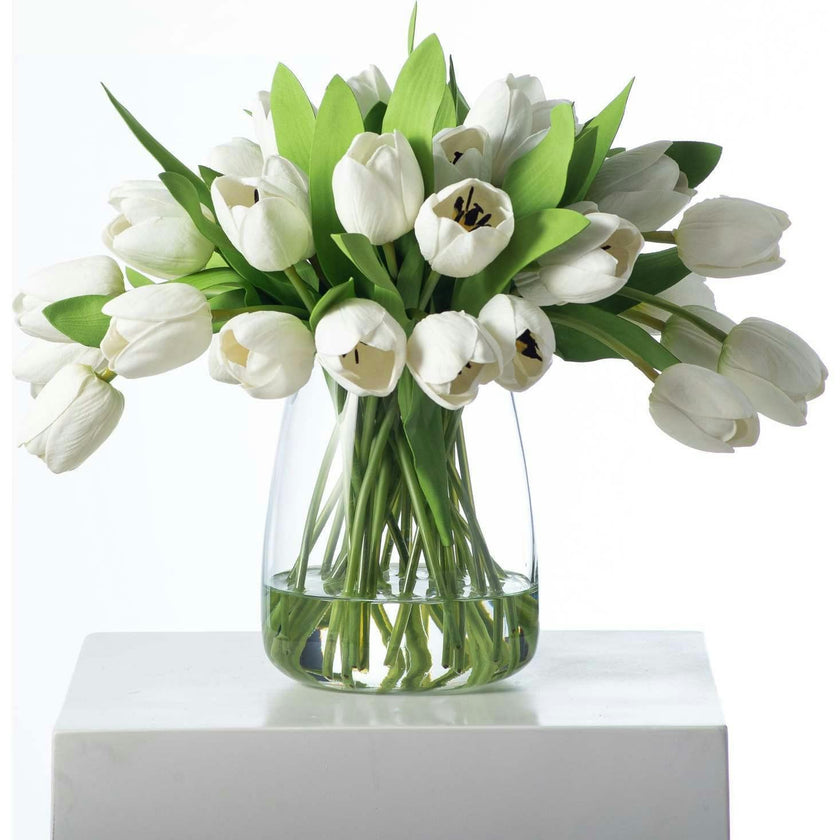 Real Touch White Tulip Faux Floral Everyday Spring Water Illusion Arrangement in Glass Teardrop Vase - Available in Multiple Colors