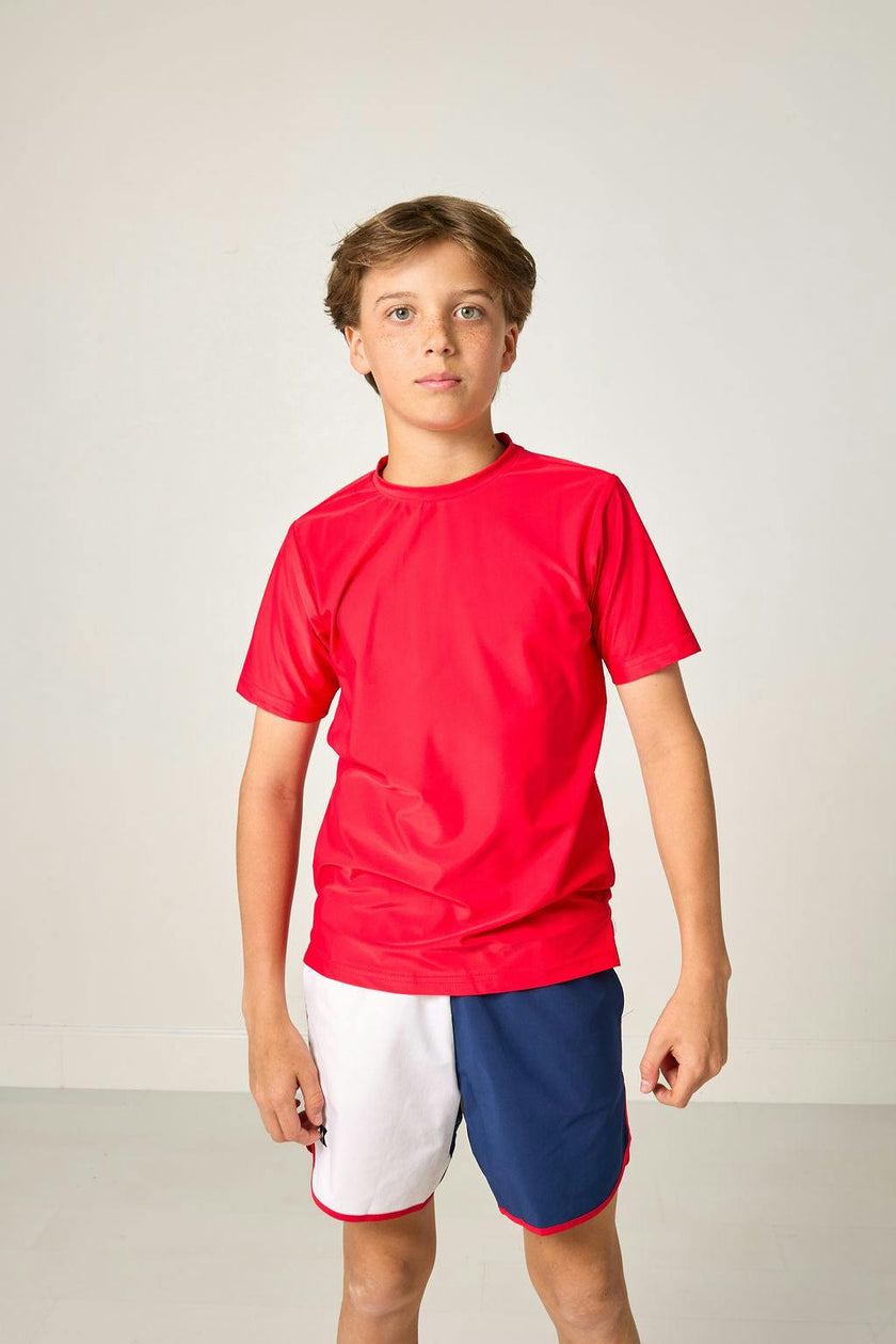 red white and navy block retro super short with red piping