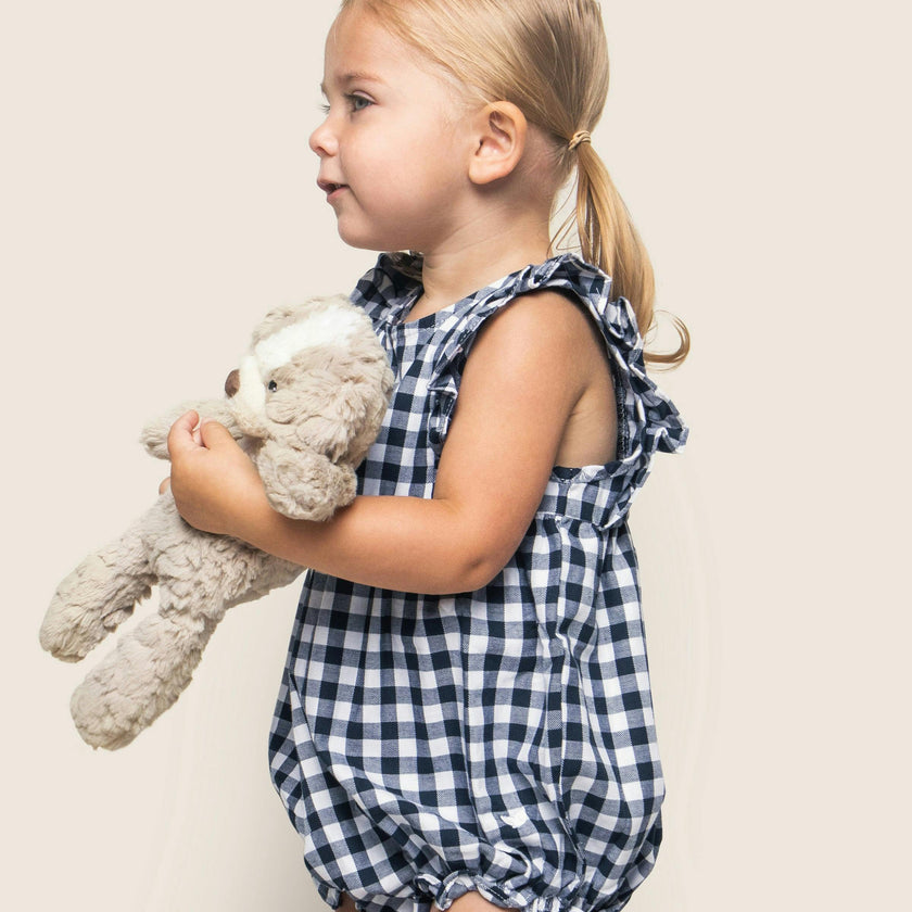 Baby's Twill Ruffled Romper in Navy Gingham