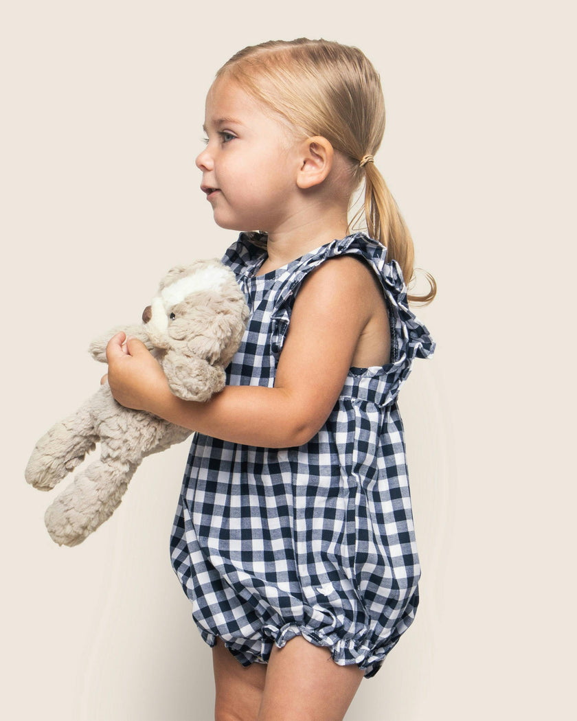 Baby's Twill Ruffled Romper in Navy Gingham