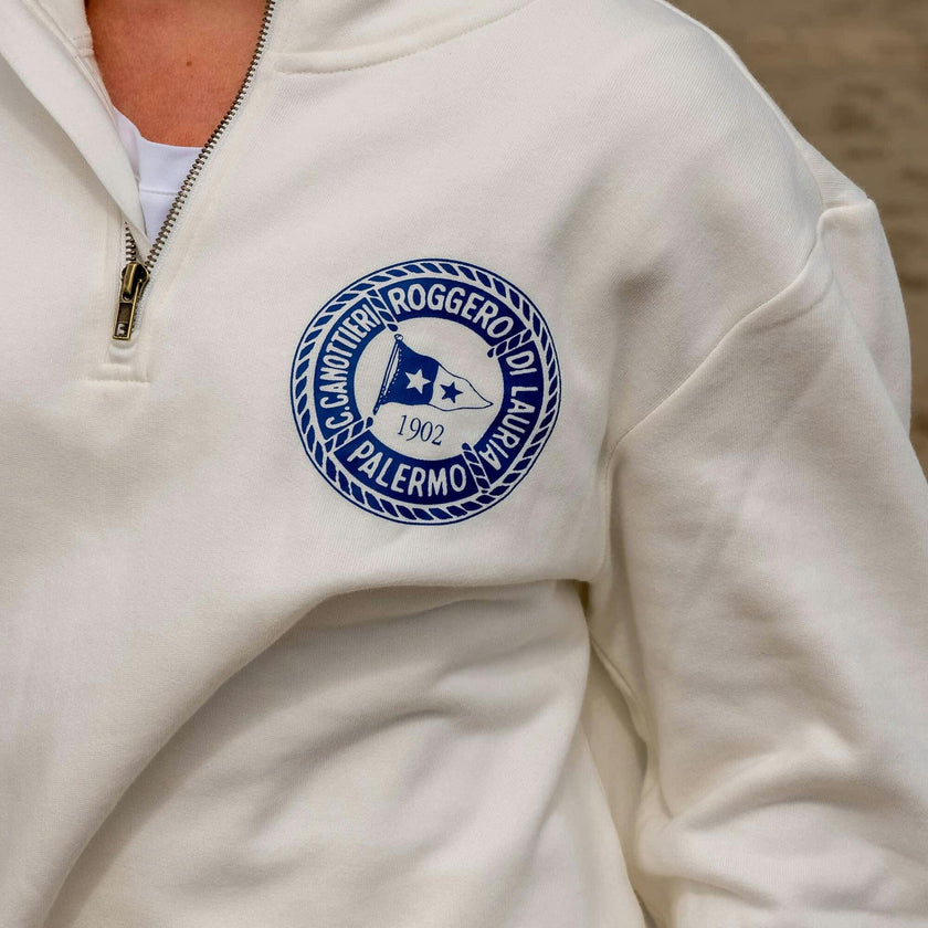 Unisex Palermo Quarter Zip - Cream Navy Organic Stretch Jersey Knit Cotton