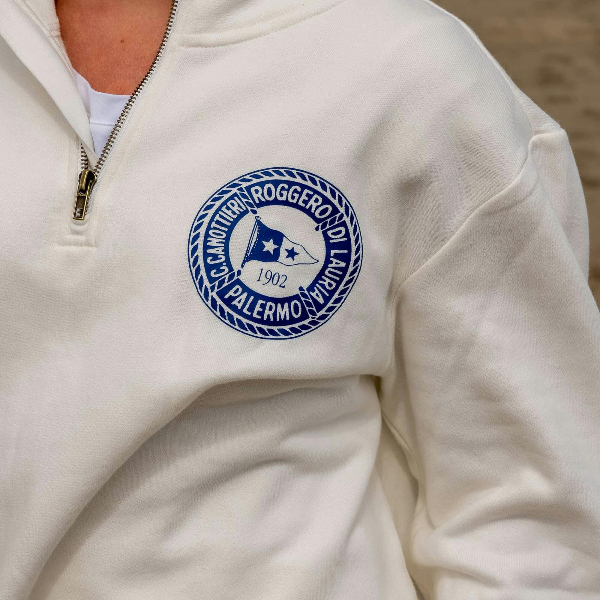 Unisex Palermo Quarter Zip - Cream Navy Organic Stretch Jersey Knit Cotton