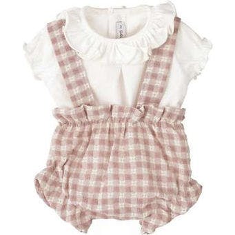 Girls' Dusty Rose Gingham Bloomer and Ruffle Blouse Set, Pink