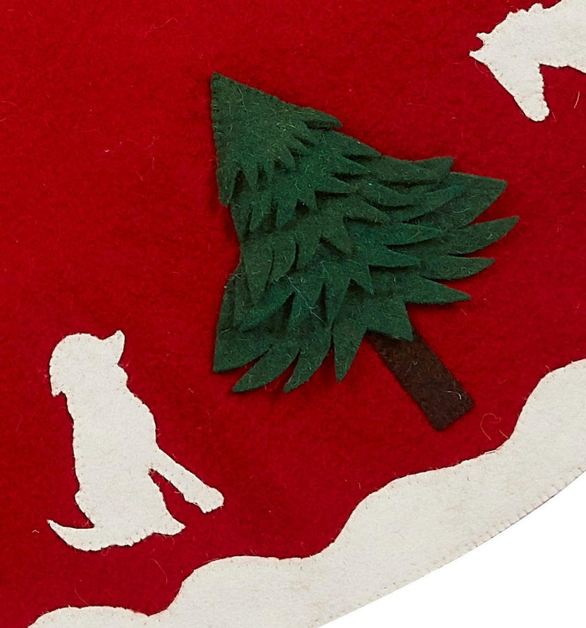 Handmade Dogs and Horses Red Christmas Tree Skirt Hand Felted Wool 60"
