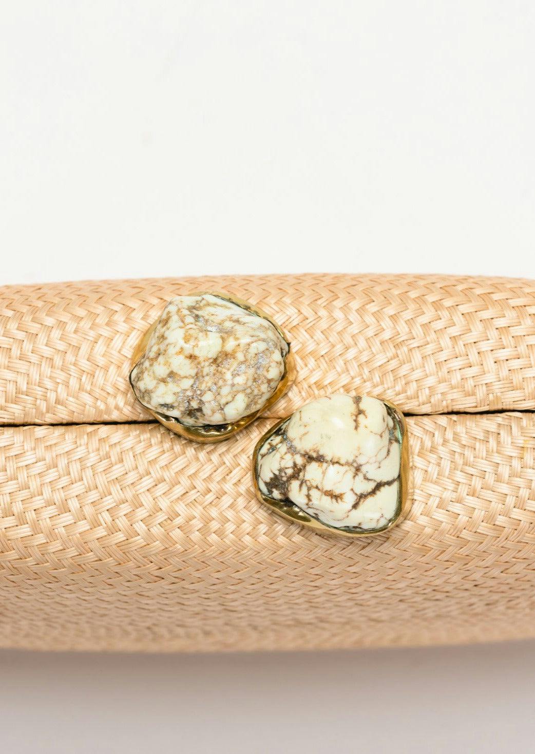 Women's Jen Woven Straw Clutch With White Stones, Toast