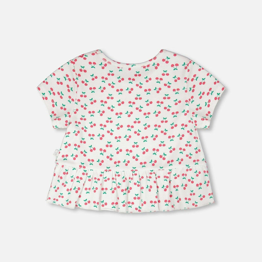 Rib Crop T-Shirt With Frill White Printed Cheeries