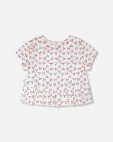 Rib Crop T-Shirt With Frill White Printed Cheeries