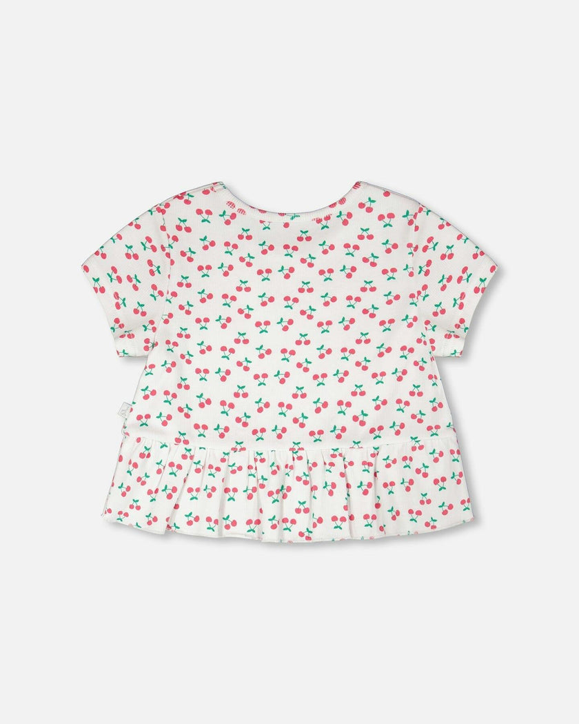 Rib Crop T-Shirt With Frill White Printed Cheeries