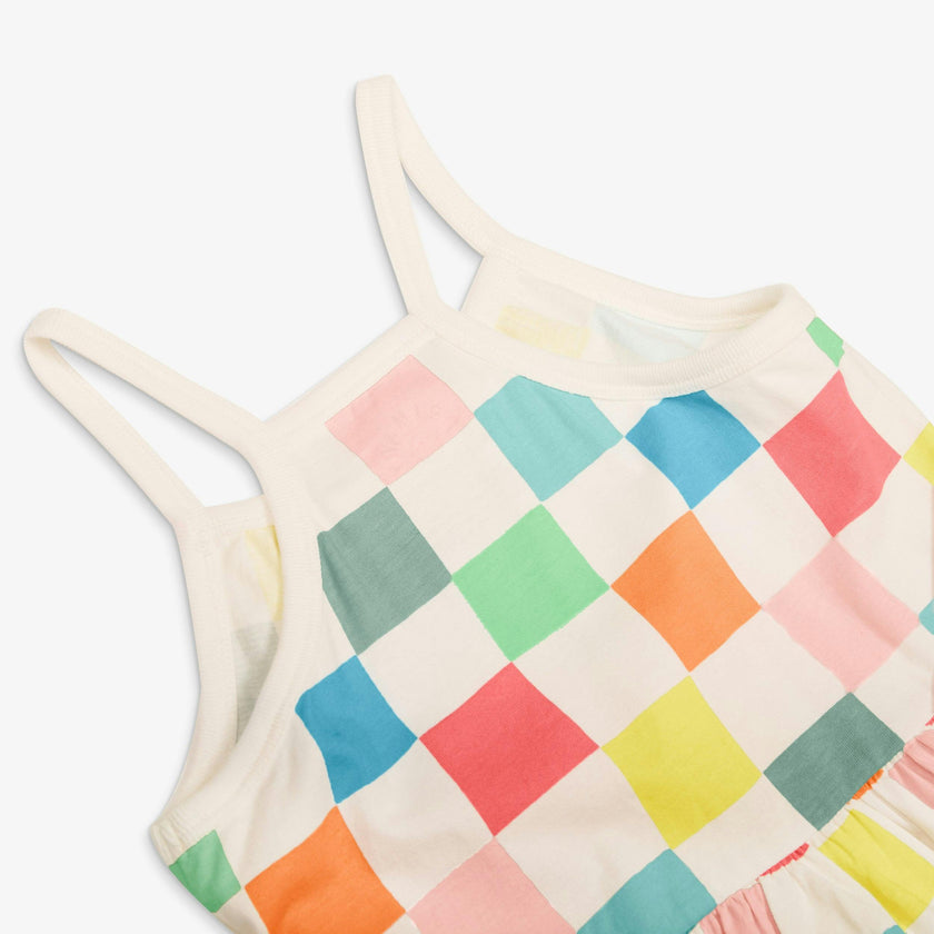Kids boardwalk dress in rainbow checkerboard