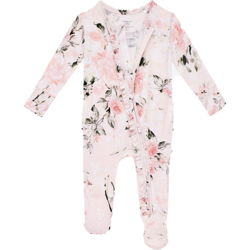 Vintage Pink Rose Footie Ruffled Zippered One Piece