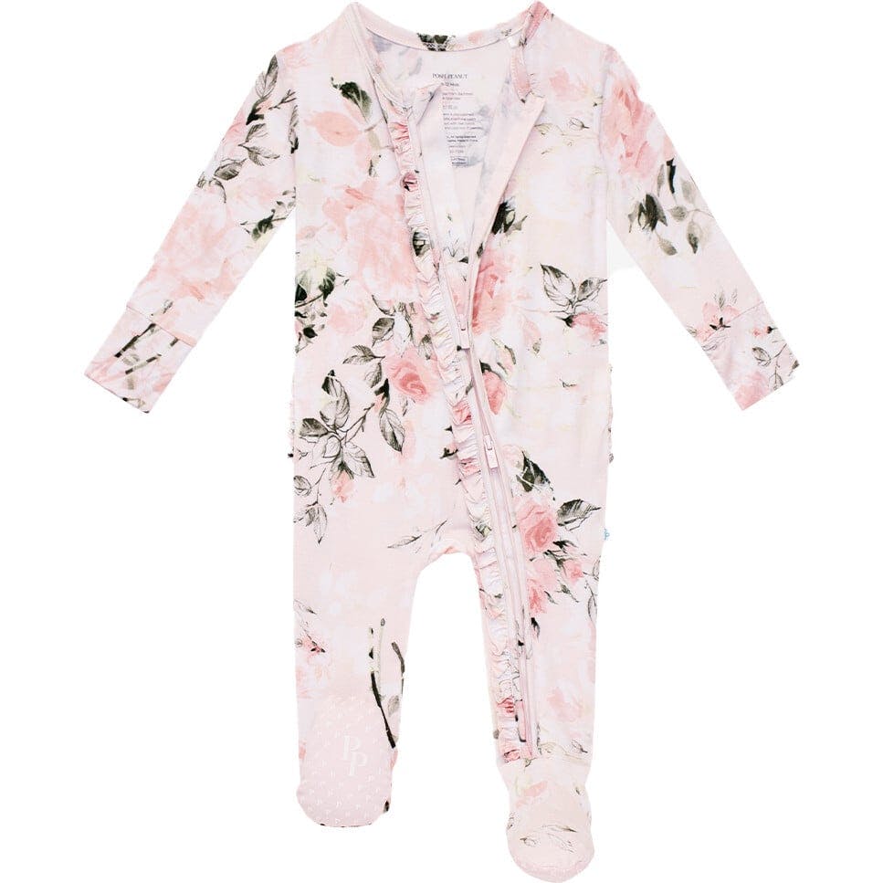 Vintage Pink Rose Footie Ruffled Zippered One Piece