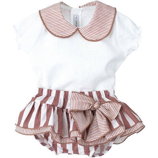 Infant Girls Terracotta Stripe Ruffle Bloomer Set, Stripes