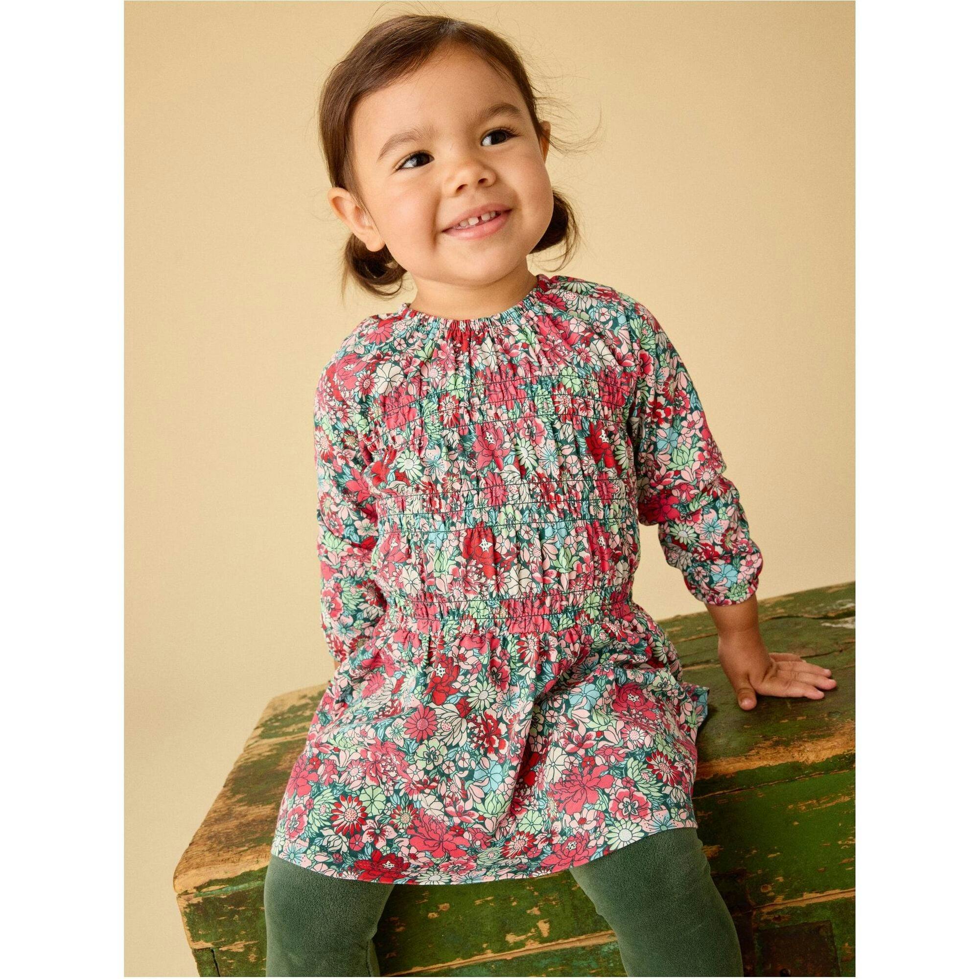 Smocked Blouson Dress, Multi