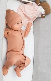Knitted Front Opening Long Sleeve Romper, Hat, and Pouch Three Piece Set
