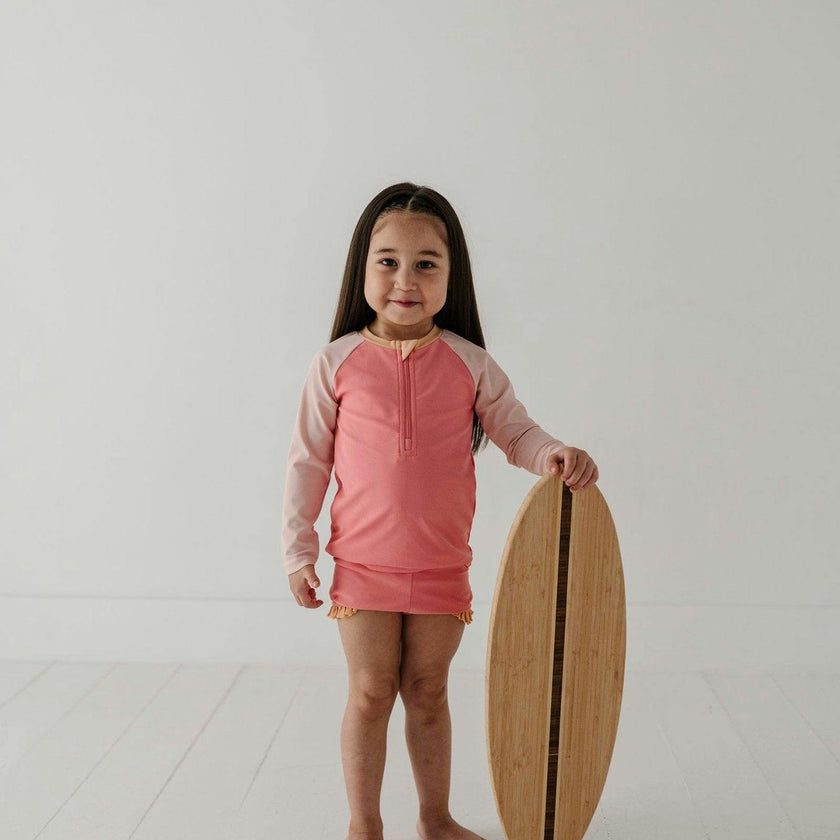 Girls Zip Rash Guard Two-Piece Swimsuit in Strawberry Ice Colorblock