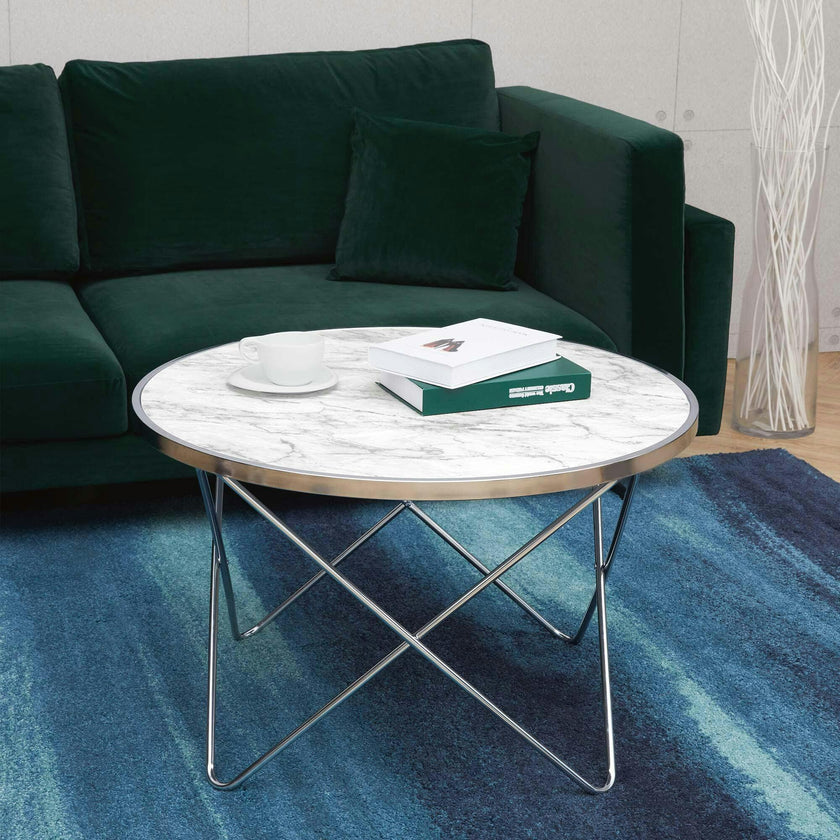 Margo Small 32 Inch Round Faux White Carrara Marble Coffee Table with Silver Metal Geometric Criss Cross Base and Legs