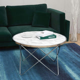 Margo Small 32 Inch Round Faux White Carrara Marble Coffee Table with Silver Metal Geometric Criss Cross Base and Legs