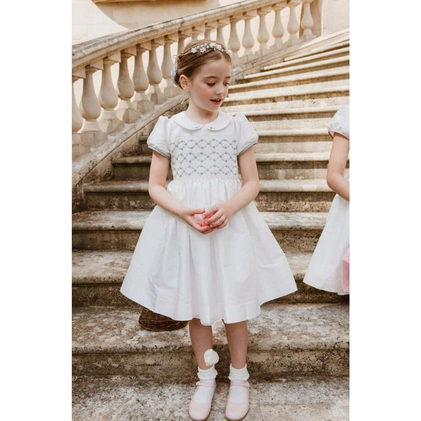 Bagatelle White/Blue Silk Handmade Smocked Dress