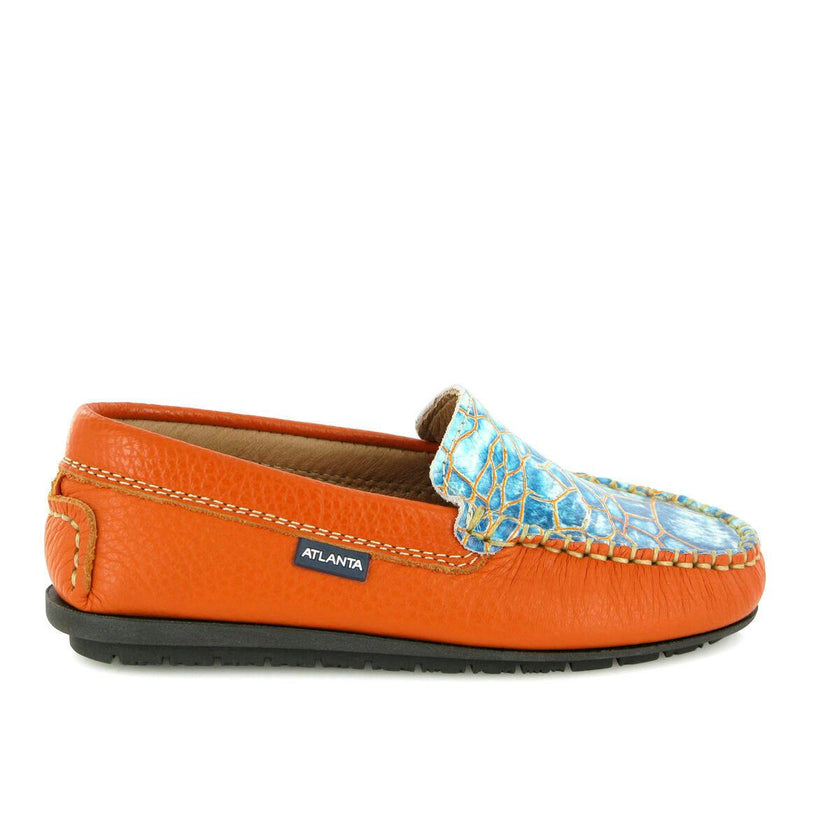 Grainy & Pirnted Leather Plain Moccasins, Orange & blue