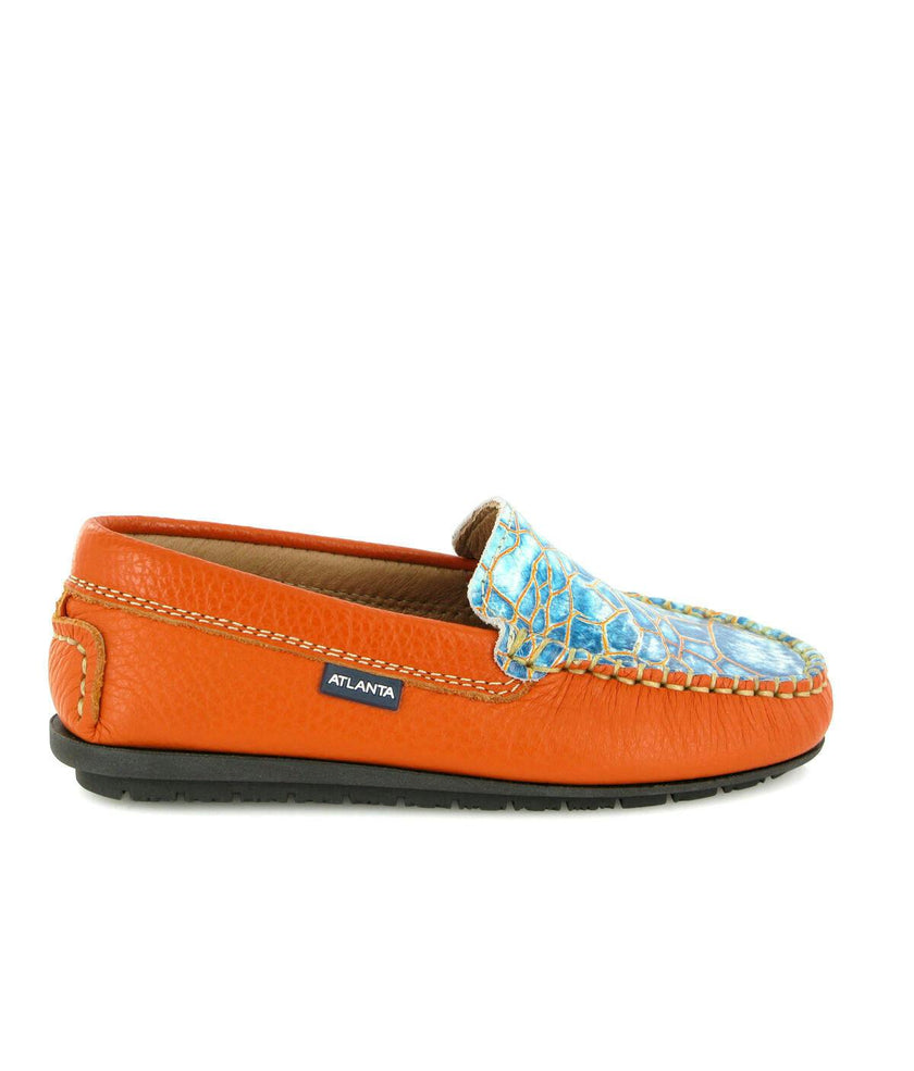 Grainy & Pirnted Leather Plain Moccasins, Orange & blue