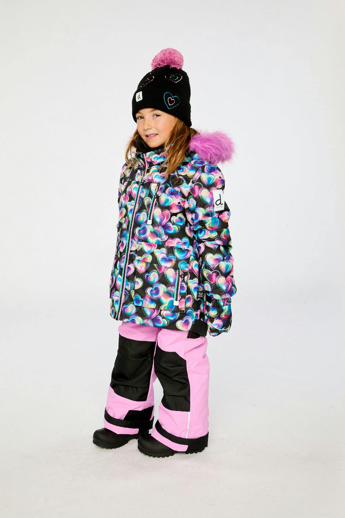 Two Piece Play Snowsuit Black Heart Print With Pink Pants