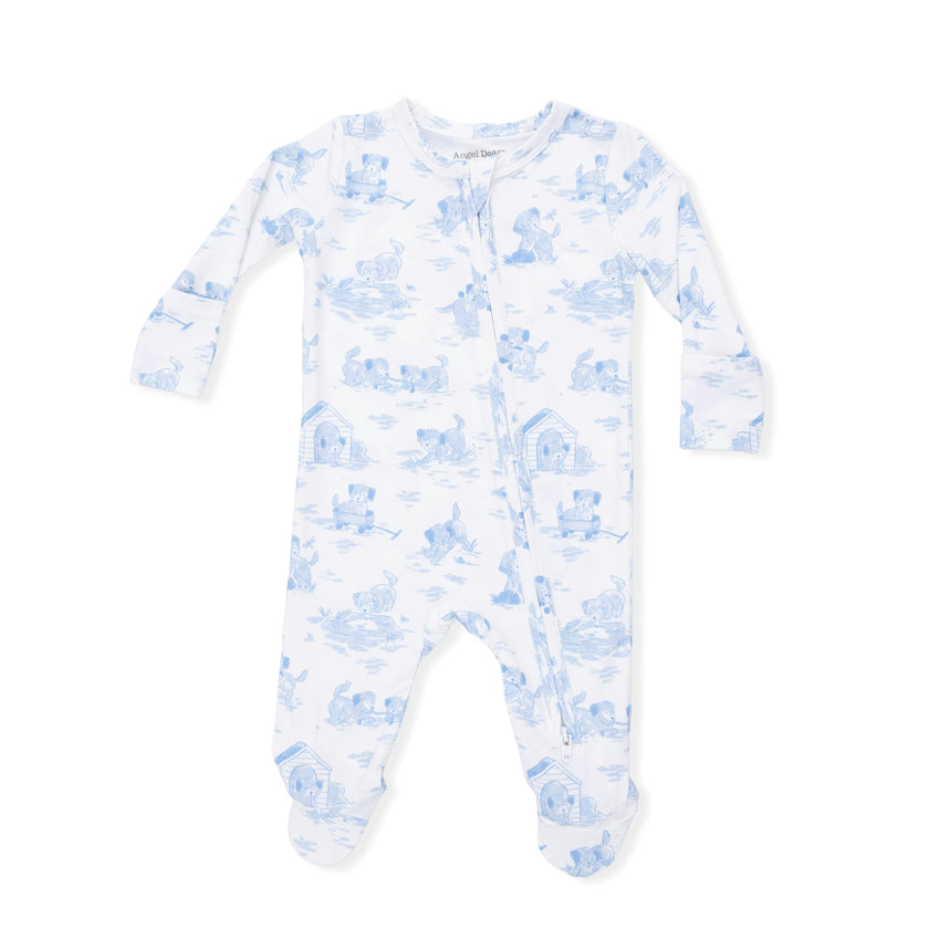 Puppy Toile Blue - 2 Way Zipper Footie