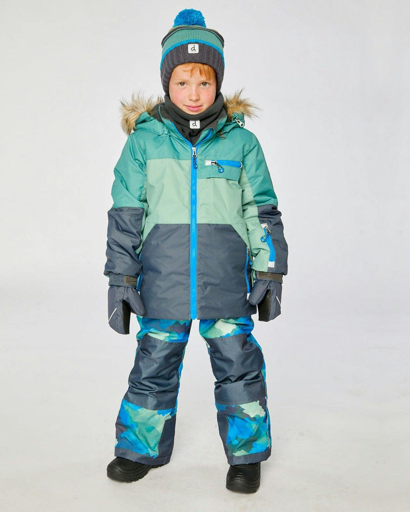 Two Piece Play Snowsuit Green And Navy Colorblock With Blue Camouflage Pants