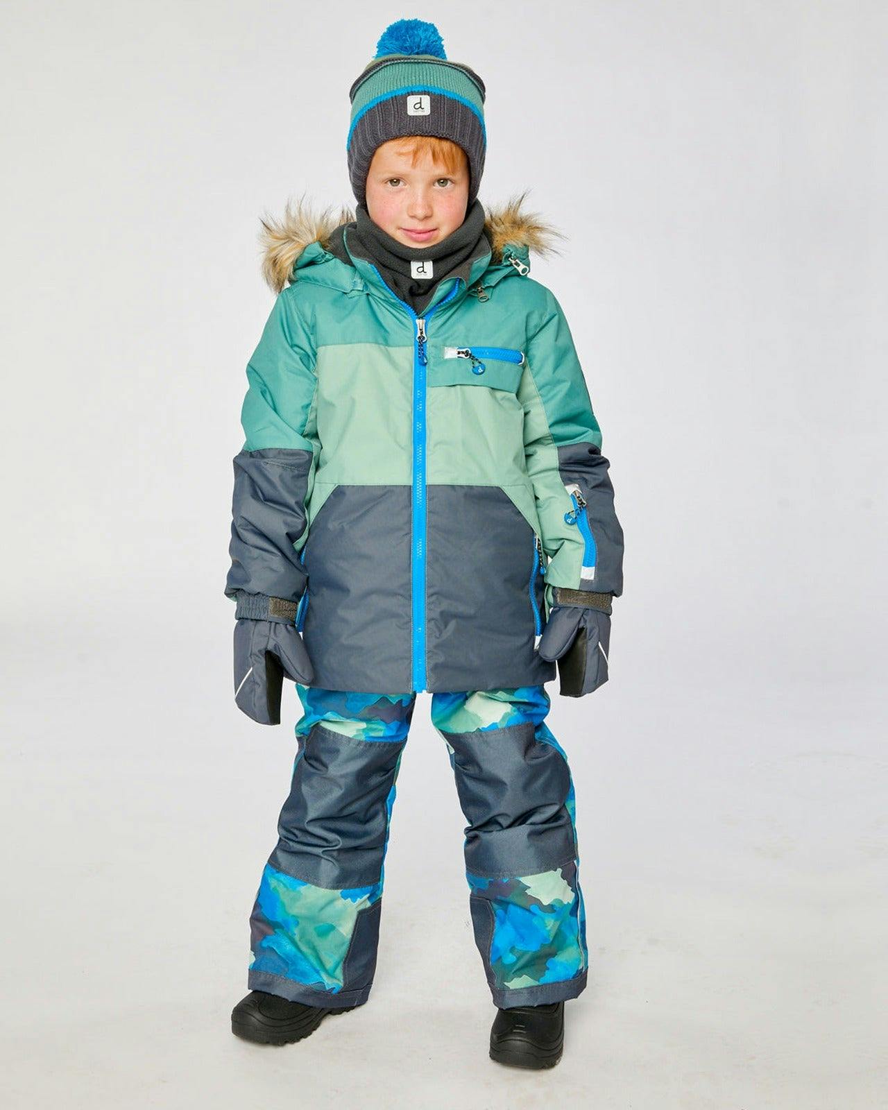Two Piece Play Snowsuit Green And Navy Colorblock With Blue Camouflage Pants