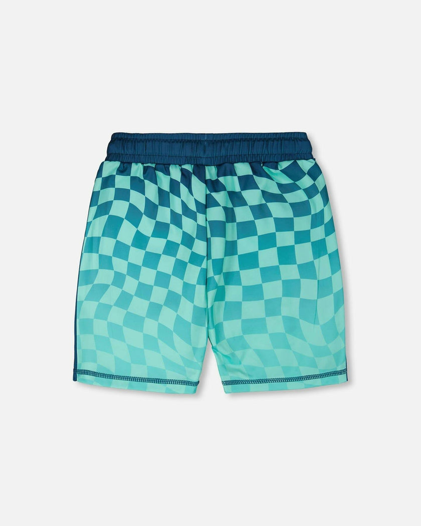 Athletic Shorts In Recycled Polyester Teal Printed Checkerboard