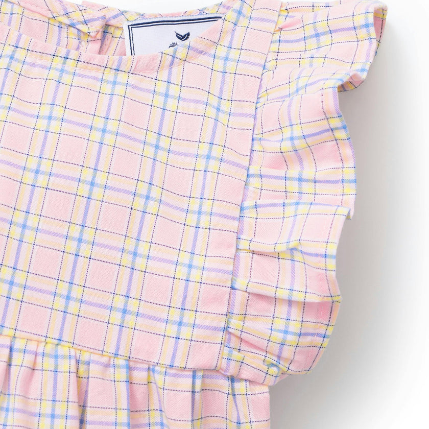 Baby's Twill Ruffled Romper in Peony Plaid