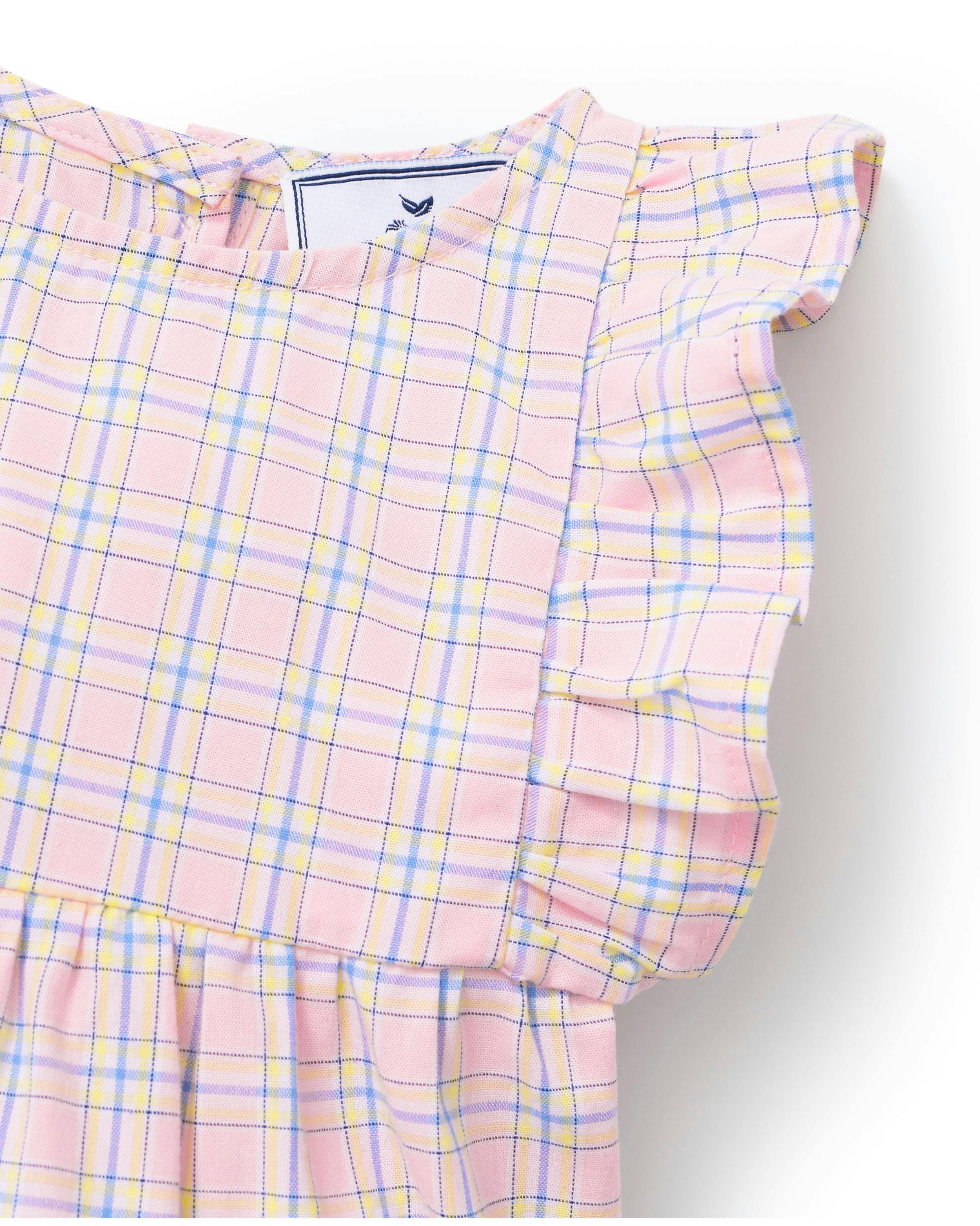 Baby's Twill Ruffled Romper in Peony Plaid
