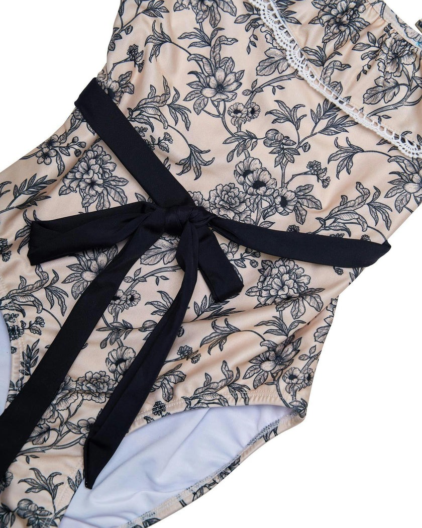 Girls One Shoulder One Piece – Ruffle Trim & Belt (Eden)