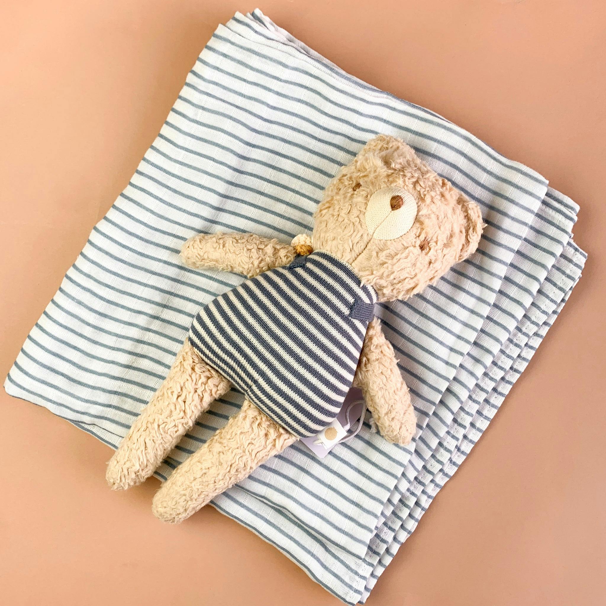 Blue Stripe Swaddle and Henry Bear Plush Toy Set
