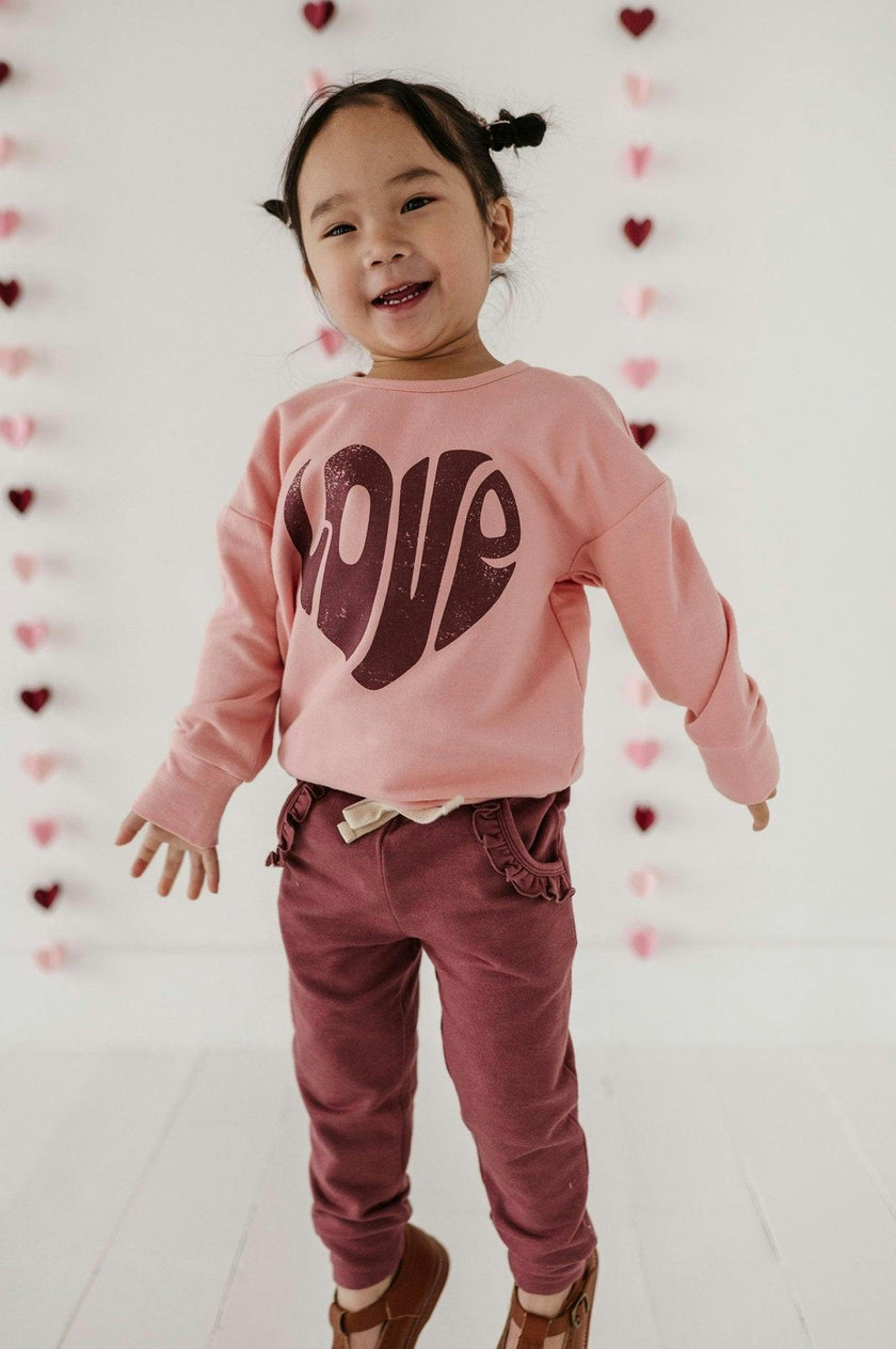 Girls Drop-Shoulder Pullover in Love in Rose Brown