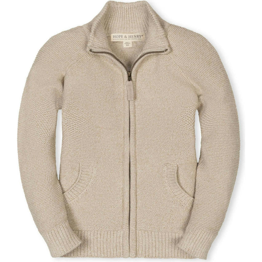Organic Long Sleeve Full Zip Raglan Mock Neck Sweater, Beige