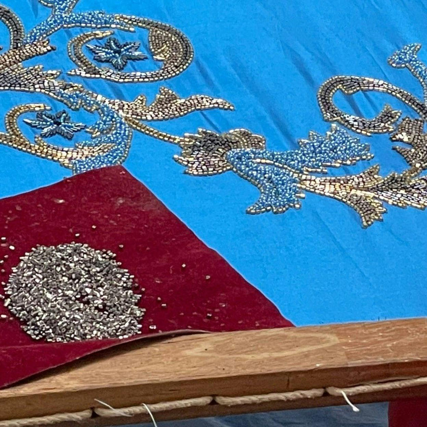 Hand Beaded Imperial Blue Silk Christmas Tree Skirt Blue 60" / 72" Arcadia Home