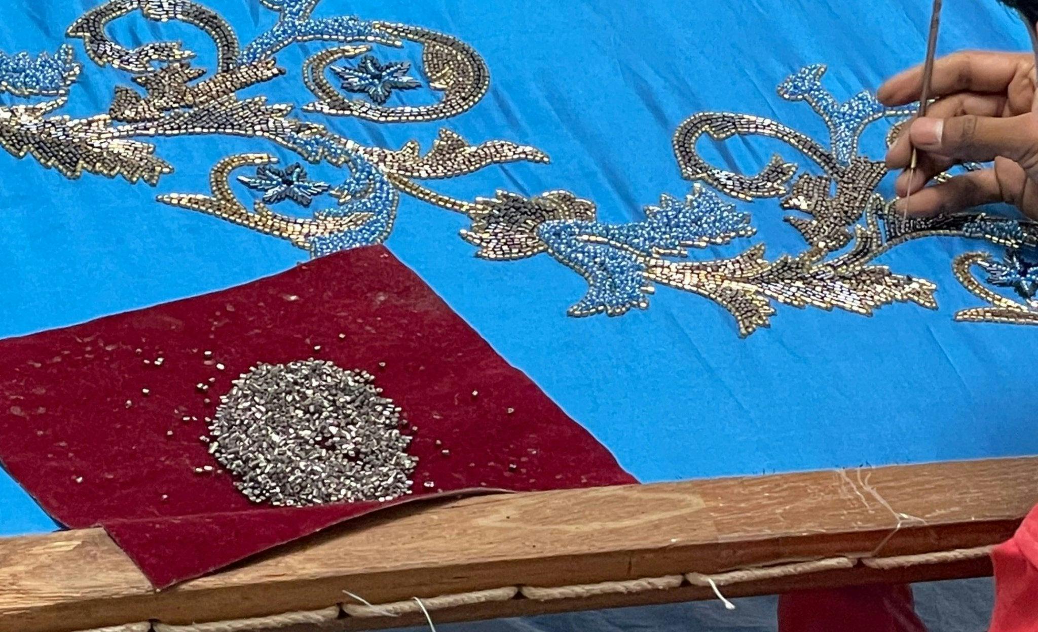 Hand Beaded Imperial Blue Silk Christmas Tree Skirt Blue 60