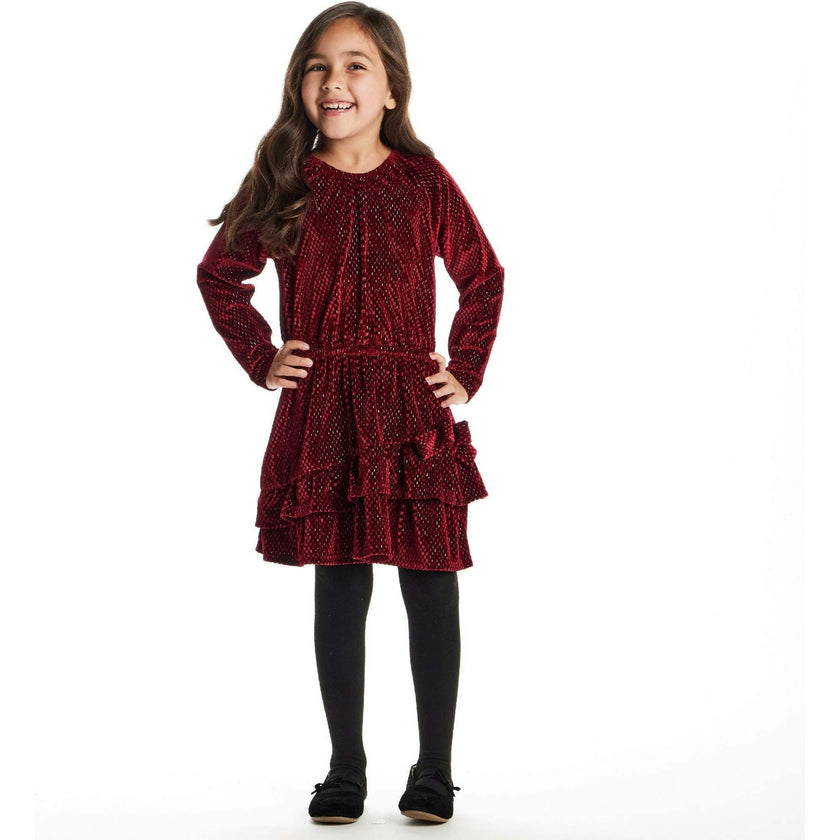 Kids Red Velvet Asymmetrical Tiered Dress