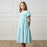 Linen Smocked Short Bubble Sleeve Dress, Blue