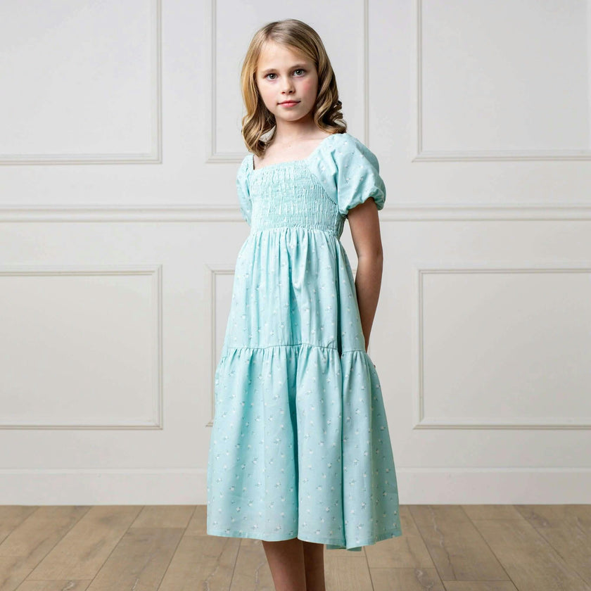 Linen Smocked Short Bubble Sleeve Dress, Blue